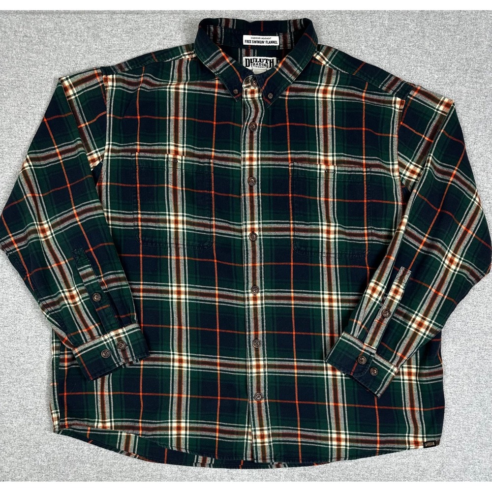 Duluth Trading Free Swingin Flannel Shirt Mens 2XL Green Plaid Workwear